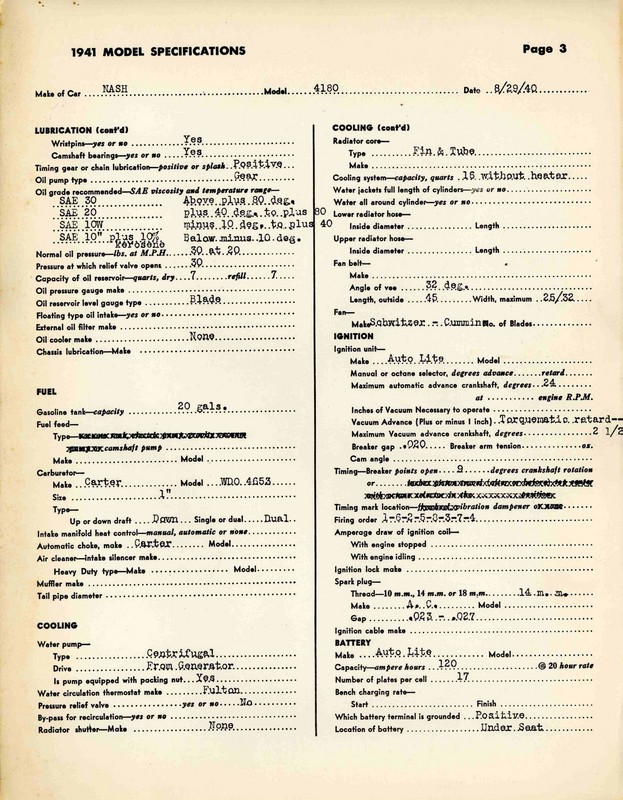 1941 Nash Specifications Page 1